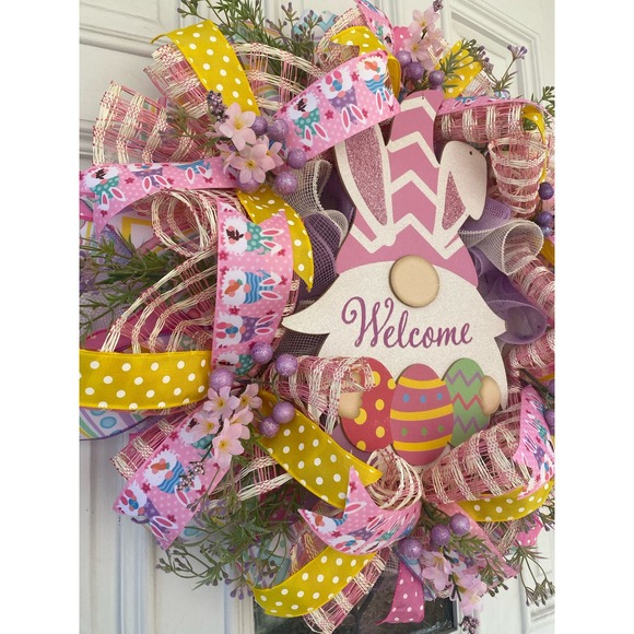 Wooden Welcome Easter Bunny Gnome Sign & Eggs Deco Mesh & Ribbon Wreath - Picture 2 of 6